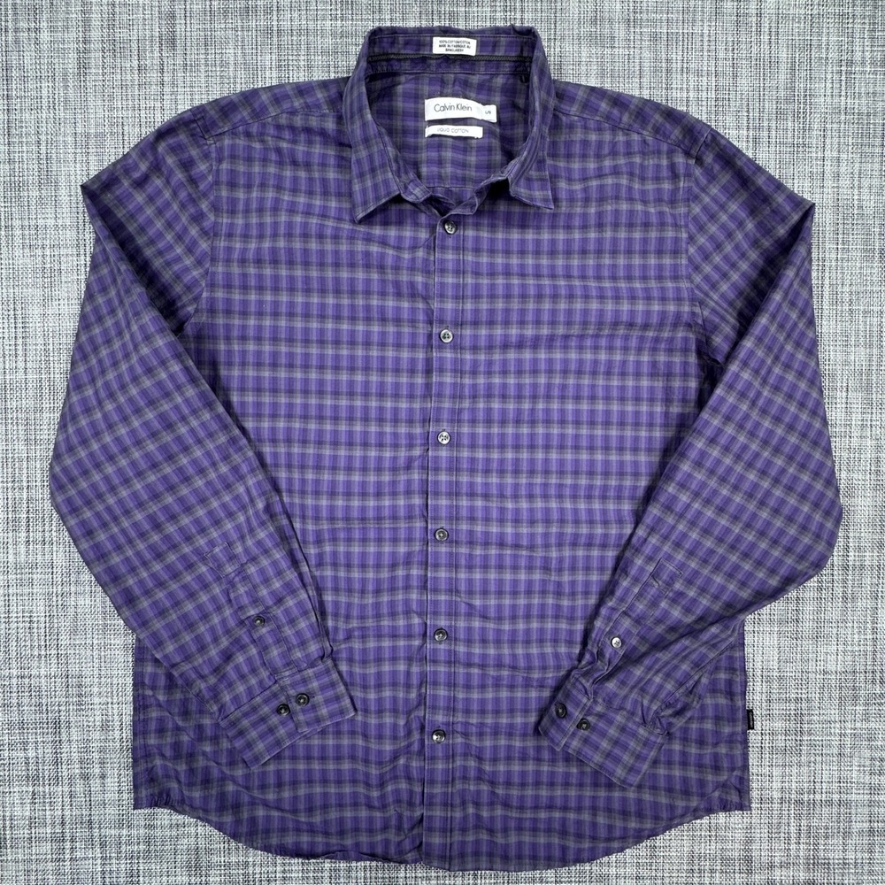 Calvin Klein Liquid Cotton Shirt Mens Large Purple Gray Plaid Long Sleeve Button